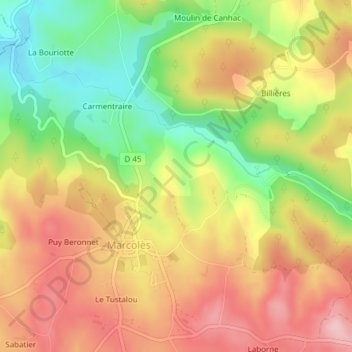 Topografische kaart Puech Long, hoogte, reliëf