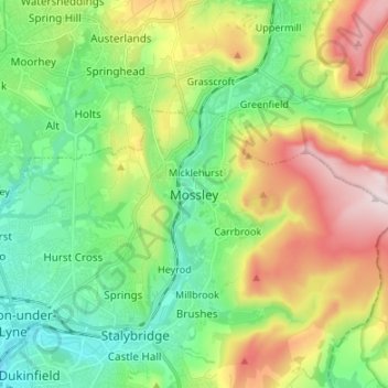Topografische kaart Mossley, hoogte, reliëf