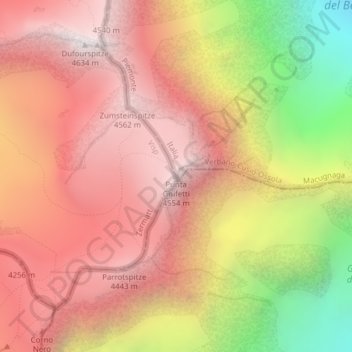 Topografische kaart Punta Gnifetti, hoogte, reliëf