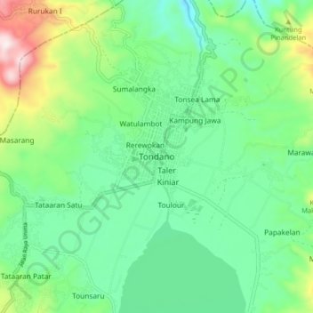 Topografische kaart Tondano, hoogte, reliëf