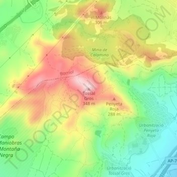 Topografische kaart Tossal Gros, hoogte, reliëf