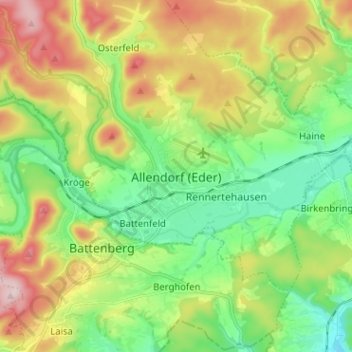 Topografische kaart Allendorf (Eder), hoogte, reliëf