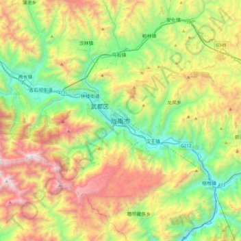 Topografische kaart Longnan, hoogte, reliëf