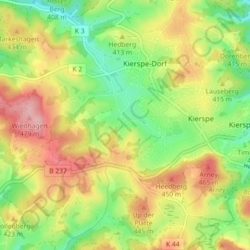 Topografische kaart Padberg, hoogte, reliëf