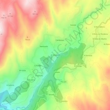 Topografische kaart A Fírveda, hoogte, reliëf