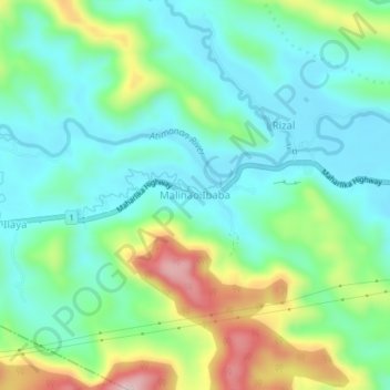 Topografische kaart Malinao Ibaba, hoogte, reliëf