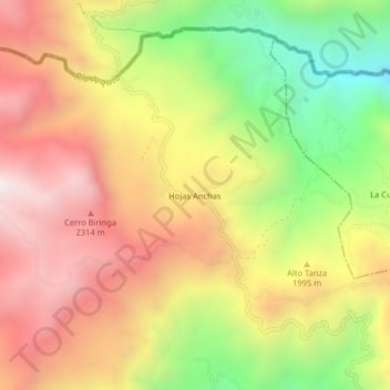 Topografische kaart Hojas Anchas, hoogte, reliëf