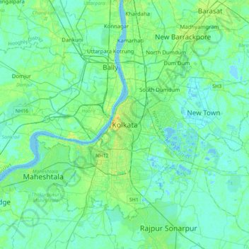 Topografische kaart Kolkata, hoogte, reliëf