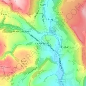 Topografische kaart Calver Sough, hoogte, reliëf