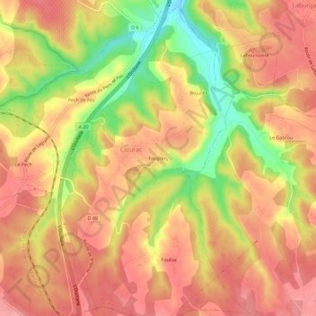 Topografische kaart Fouytery, hoogte, reliëf