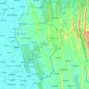 Topografische kaart South Tripura, hoogte, reliëf