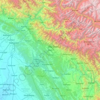 Topografische kaart Kangra, hoogte, reliëf