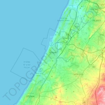 Topografische kaart Ashdod, hoogte, reliëf