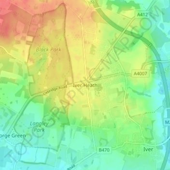 Topografische kaart Iver Heath, hoogte, reliëf