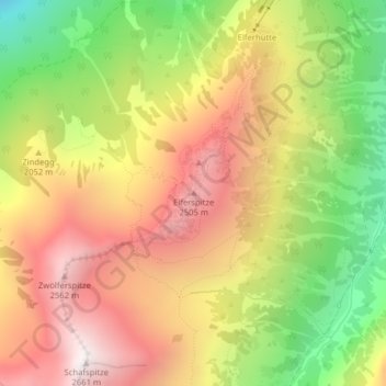 Topografische kaart Elferspitze, hoogte, reliëf