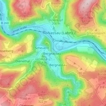 Topografische kaart Bergnassau-Scheuern, hoogte, reliëf