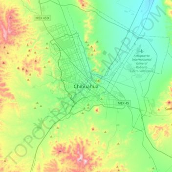 Topografische kaart Chihuahua City, hoogte, reliëf