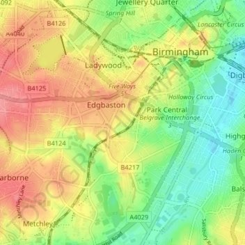 Topografische kaart Calthorpe Fields, hoogte, reliëf