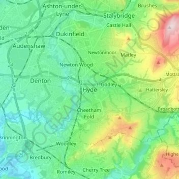 Topografische kaart Hyde, hoogte, reliëf