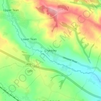 Topografische kaart Checkley, hoogte, reliëf