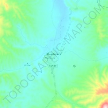 Topografische kaart Huachinera, hoogte, reliëf