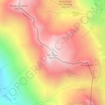 Topografische kaart Piz Badus, hoogte, reliëf