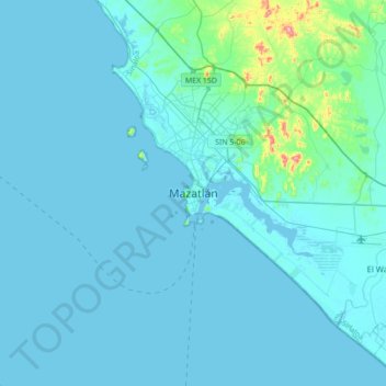 Topografische kaart Mazatlán, hoogte, reliëf