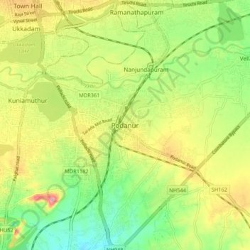 Topografische kaart Podanur, hoogte, reliëf