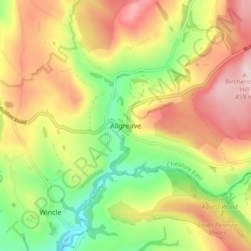 Topografische kaart Allgreave, hoogte, reliëf
