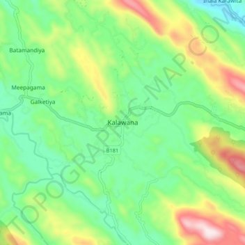 Topografische kaart Kalawana, hoogte, reliëf