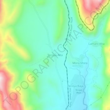 Topografische kaart Tecoya Alta, hoogte, reliëf