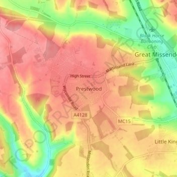 Topografische kaart Prestwood, hoogte, reliëf