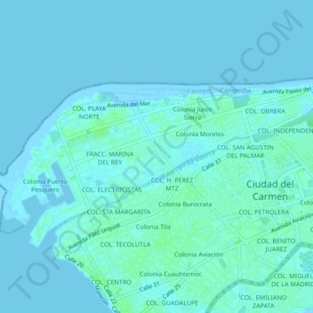 Topografische kaart Colonia Miami, hoogte, reliëf
