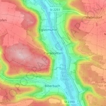 Topografische kaart Plankstetten, hoogte, reliëf