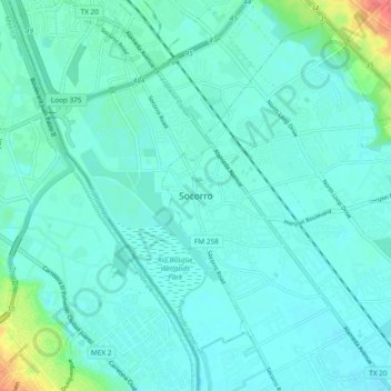 Topografische kaart Socorro, hoogte, reliëf