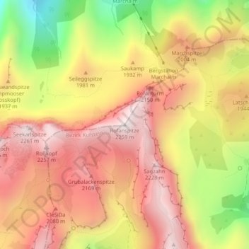 Topografische kaart Rofanspitze, hoogte, reliëf