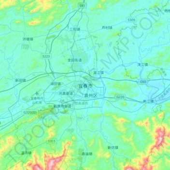 Topografische kaart Yichun, hoogte, reliëf