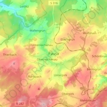 Topografische kaart Pausa, hoogte, reliëf