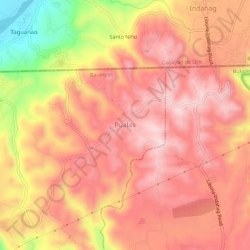 Topografische kaart Pualas, hoogte, reliëf