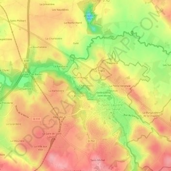 Topografische kaart Charrueau, hoogte, reliëf