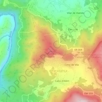 Topografische kaart Montão, hoogte, reliëf