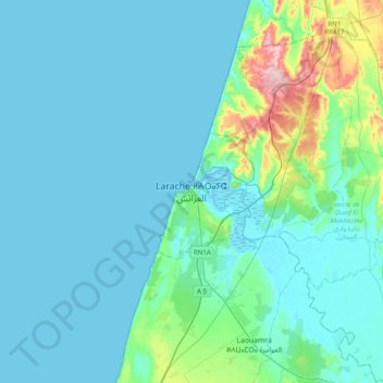 Topografische kaart Larache ⵍⵄⵔⴰⵢⵛ العرائش, hoogte, reliëf