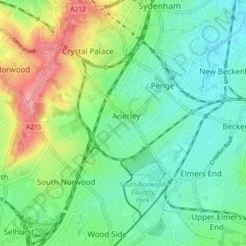 Topografische kaart Anerley, hoogte, reliëf