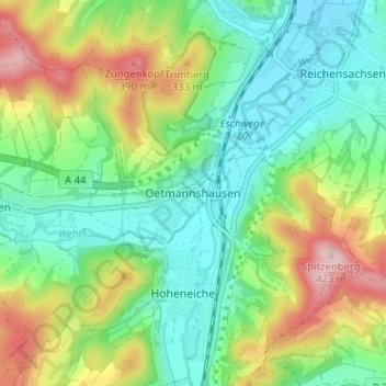 Topografische kaart Oetmannshausen, hoogte, reliëf