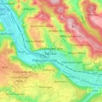 Topografische kaart Esslingen am Neckar, hoogte, reliëf