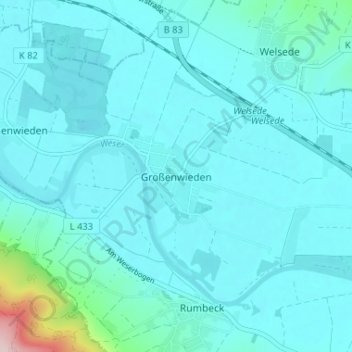 Topografische kaart Großenwieden, hoogte, reliëf