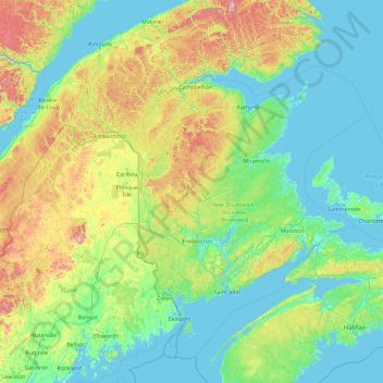 Topografische kaart Nouveau-Brunswick, hoogte, reliëf