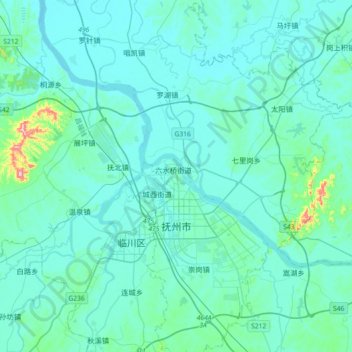 Topografische kaart Fuzhou, hoogte, reliëf