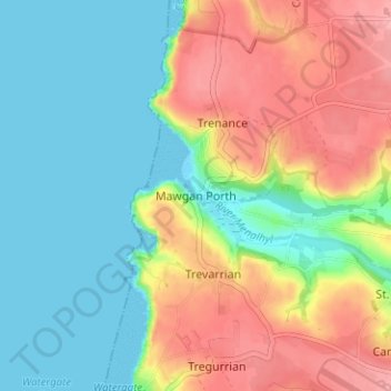 Topografische kaart Mawgan Porth, hoogte, reliëf