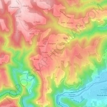 Topografische kaart Lubac, hoogte, reliëf